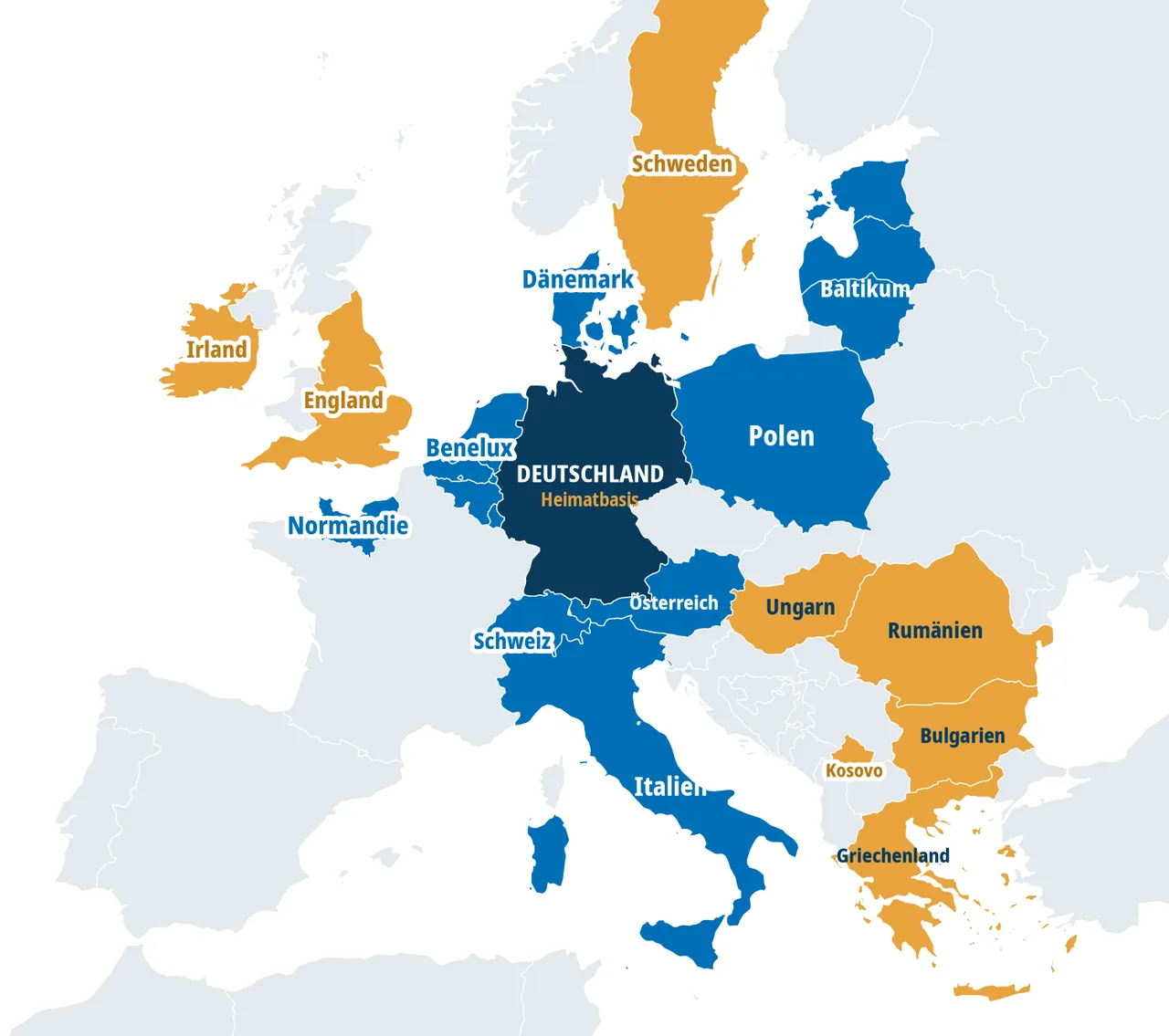 Europakarte der agaSAAT Group: Heimatbasis Deutschland, Vertriebs- und Entwicklungsregionen